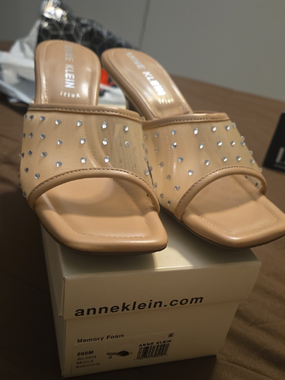 Anne Klein Beige Nude Slide Heels with Rhinestone Accents